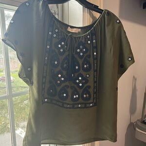 Tory Burch Olive Blouse with Navy Accents